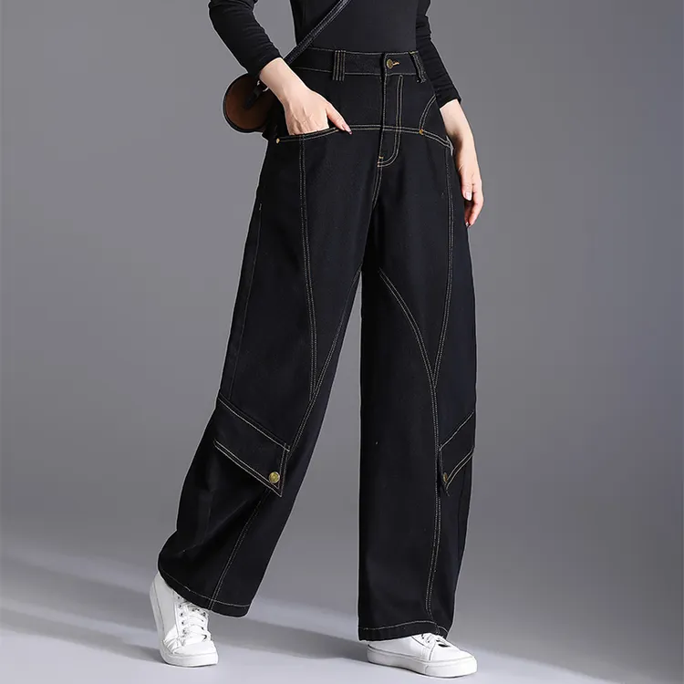 黑色牛仔裤女梨型身材宽松大码美式显瘦新款直筒裤时尚弯刀工装裤