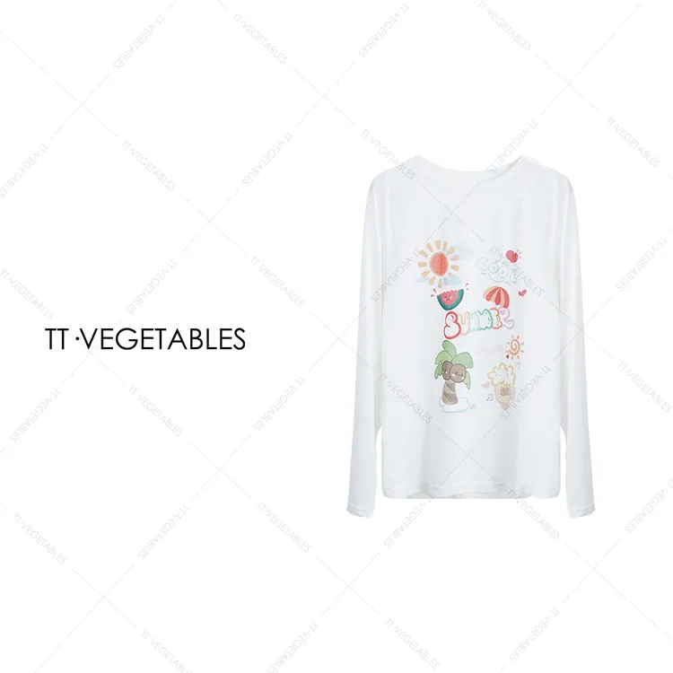 TT・VEGETABLES【序白】语妍 棉涤混纺长袖T恤轻奢印花上衣527604