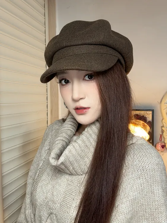 帽子女士秋冬大头围显脸小毛呢贝雷帽冬季韩版百搭复古八角画家帽