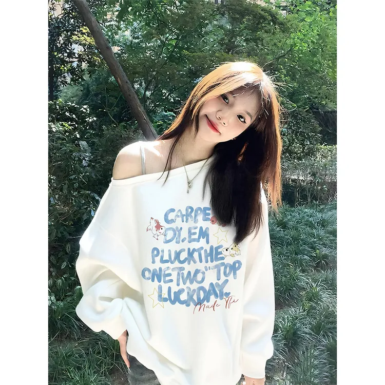 纯棉美式金鱼印花斜领露肩卫衣女秋冬新款甜妹设计慵懒风宽松上衣