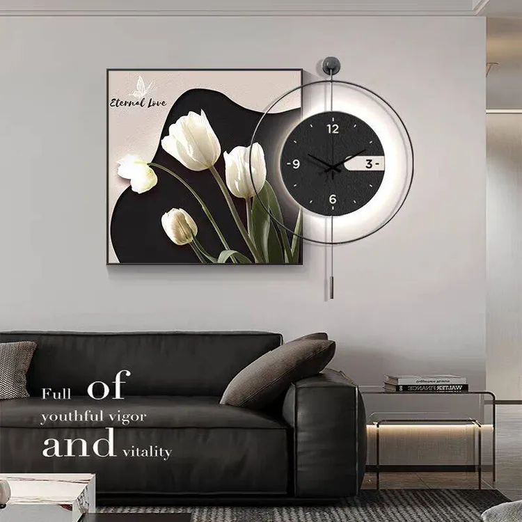 高级感餐厅钟表画抽象艺术黑白客厅装饰画带挂钟简约现代饭厅时钟