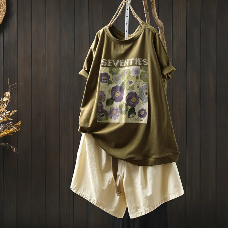 绿色花朵字母印花短袖T恤女2025新款夏宽松遮肉百搭薄款圆领上衣
