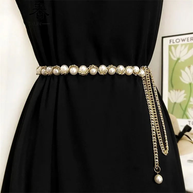 夏天黑色连衣裙珍珠腰链配裙子复古高级感编织收腰细腰带加长装饰