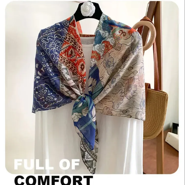 法式复古印花方巾女夏季高级感丝巾薄款披肩女  110X110CM