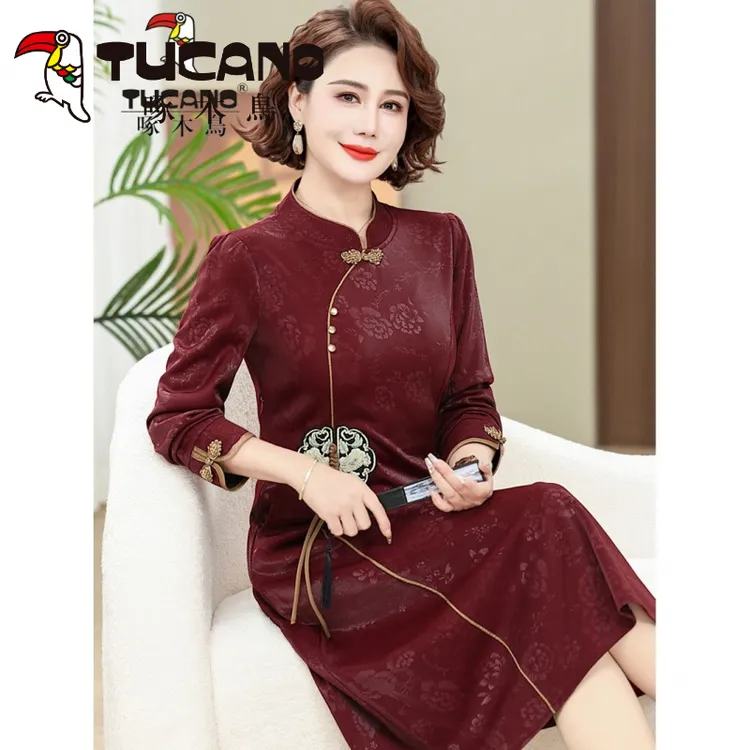 啄木鸟啄木鸟2024春秋新款妈妈连衣裙中年复古新中式国风气质改良