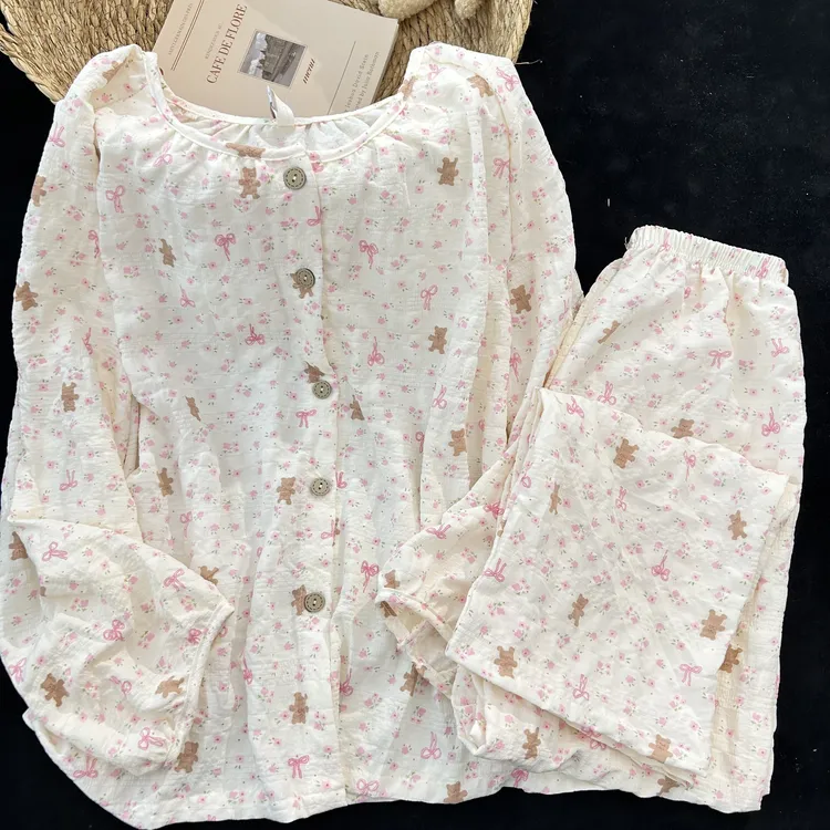 长袖长裤·甜系少女睡衣春秋款带胸垫可爱圆领学生宿舍家居服套装