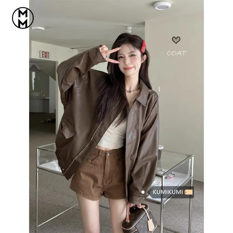MM复古美式咖色皮衣夹克外套女早秋黑色甜酷风机车PU皮宽松上衣