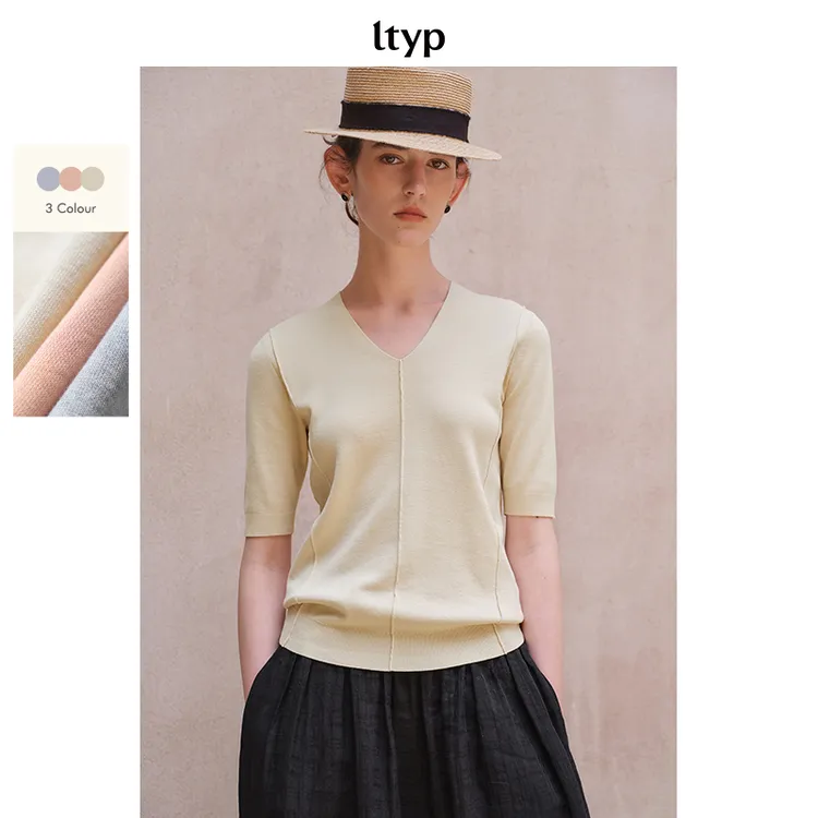 ltyp 5.3 桑蚕丝亚麻棉针织T恤 五分袖V领上衣女夏M102252084