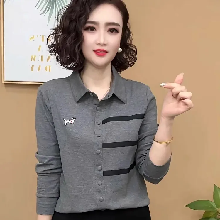 2025春季新款时尚妈妈装POLO领T恤小衫气质上衣中年女士长袖衬衫