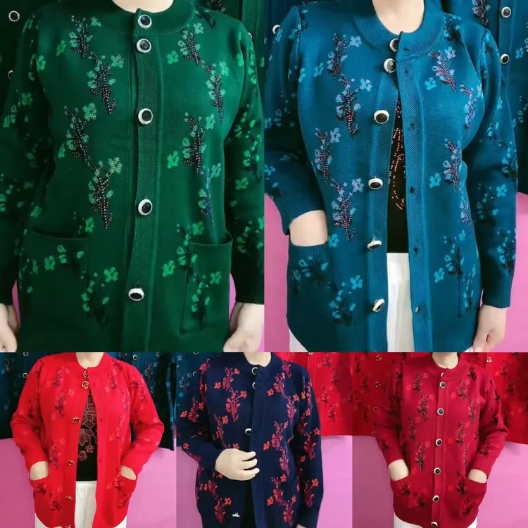 老年秋季洋气树叶花双织加厚针织开衫毛衣外套