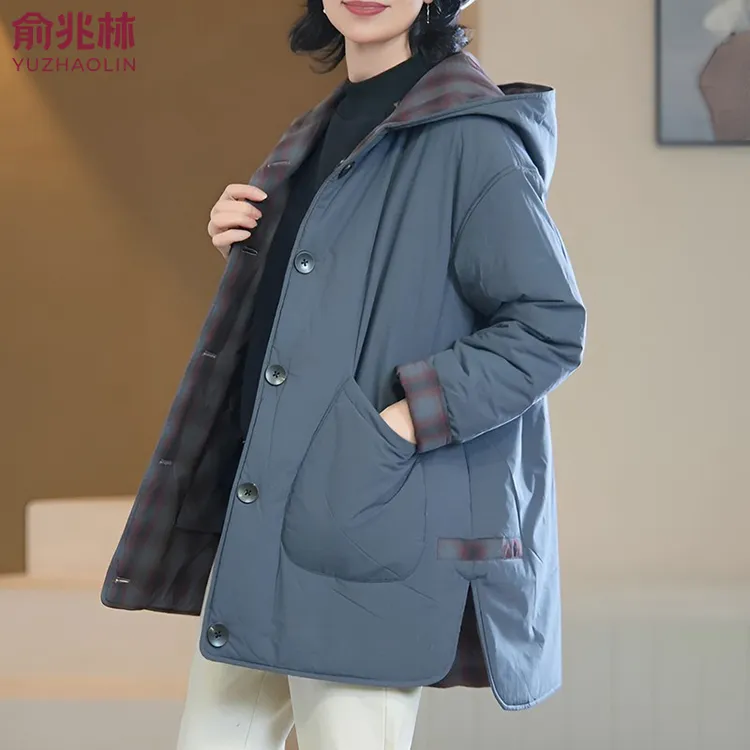 俞兆林2025冬季新款中长款两面穿格子棉衣棉服中老年妈妈连帽外套