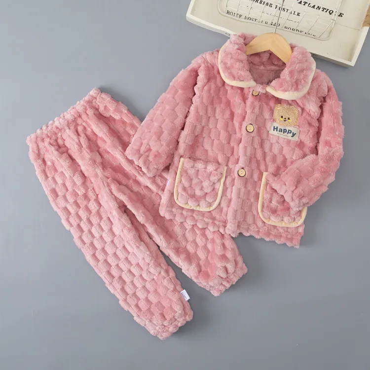 儿童法兰绒睡衣男童女童秋冬季加厚保暖珊瑚绒套装宝宝加绒家居服