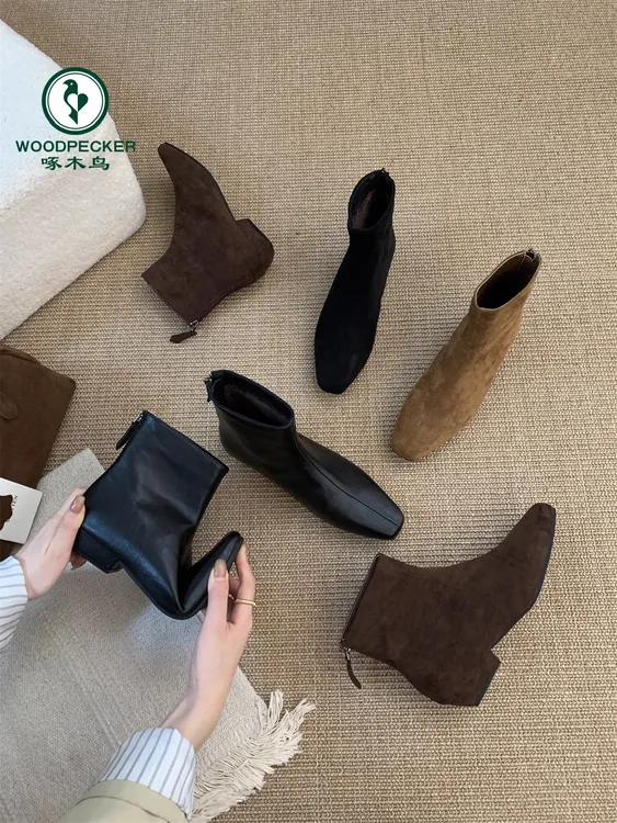 啄木鸟法式绒面粗跟小短靴秋冬季新款加绒方头踝靴女鞋瘦瘦马丁靴
