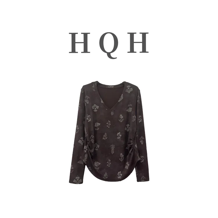 『1414#』秋季印花V领高级感时尚正肩褶皱收腰显瘦长袖T恤