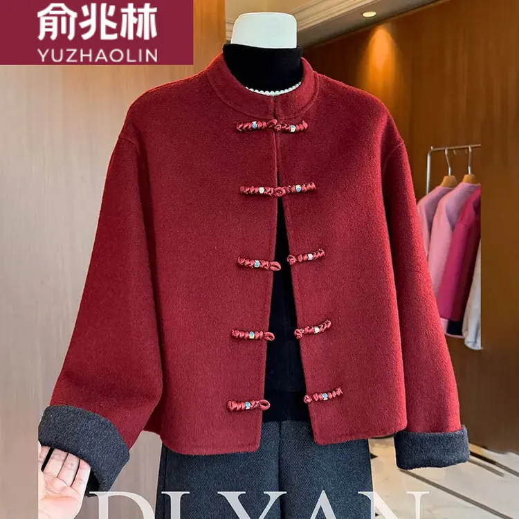 中年妈妈新中式国风呢子大衣加棉2025冬季新款毛呢喜婆婆红色外套
