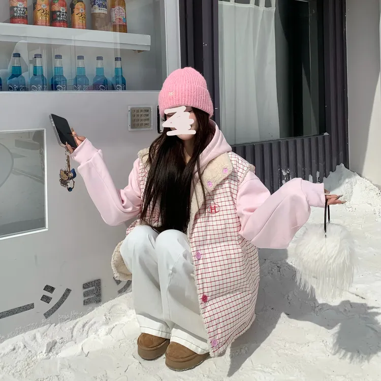 格纹正反两穿羊羔马甲女秋冬新款慵懒风甜美印花粉色棉服外套潮