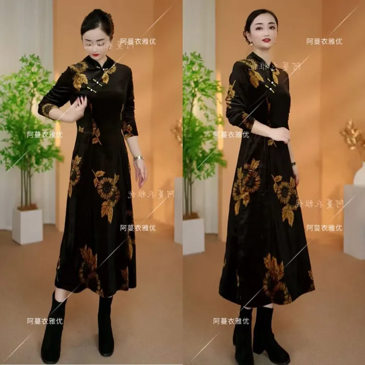 【衣雅严选】8176-2444#新款高定重磅植绒印花新中式旗袍连衣裙