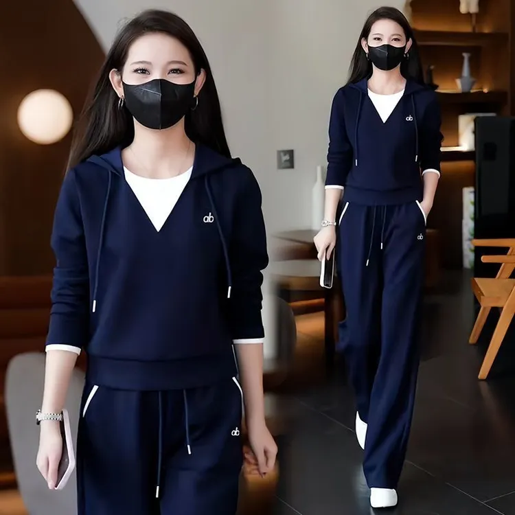 时尚休闲套装女2025秋季新款洋气宽松假两件连帽撞色减龄两件套潮