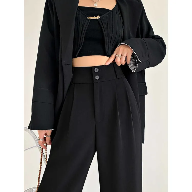 黑色装裤女春秋冬加绒高腰垂感宽松显瘦窄版小个子直筒休闲阔腿裤