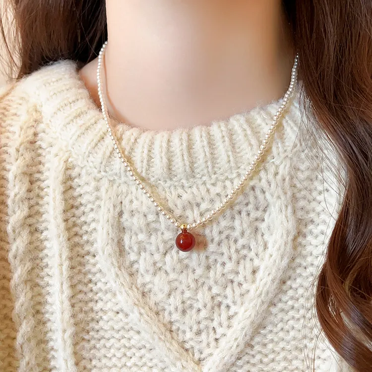 铜合金项链 红色珠珠项链女款2025新款毛衣链颈链轻奢高级感配饰