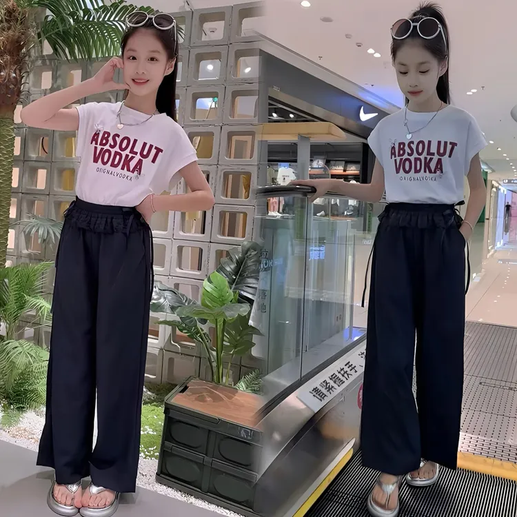 女童新款夏季中大童套装女孩休闲运动阔腿小飞袖+直筒裤子两件套8