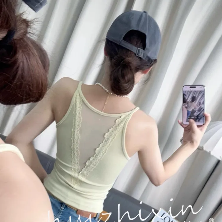 2025早秋磨毛螺纹棉吊带蕾丝背心小胸聚拢内衣打底自带胸垫