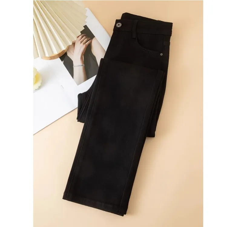 雪千羽黑色八九分烟管直筒牛仔裤女2025秋冬加绒宽松高腰梨形身材