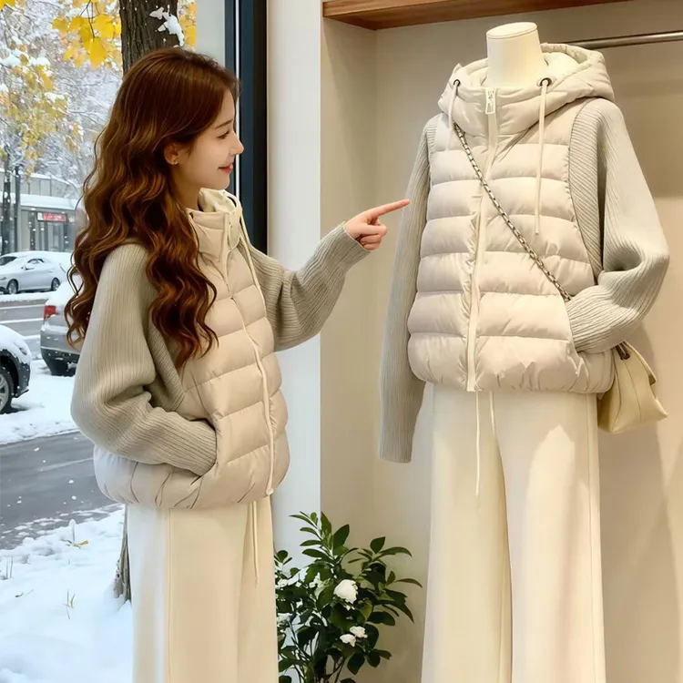 2025新款秋冬短款棉衣轻薄拼接假两件棉服女韩系保暖小个子外套潮