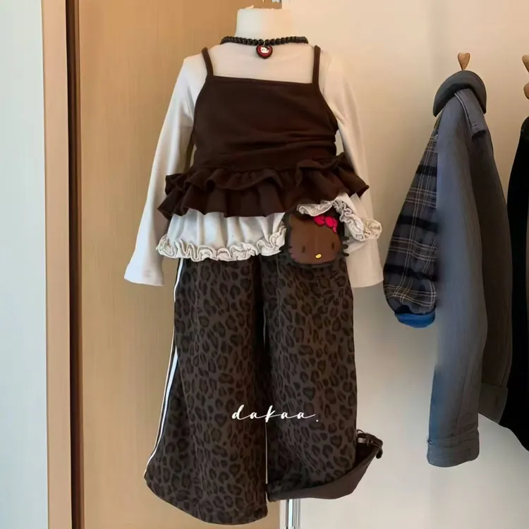 韩版潮流童装韩系2025新款洋气女童两件上衣豹纹裤子套装秋款秋装