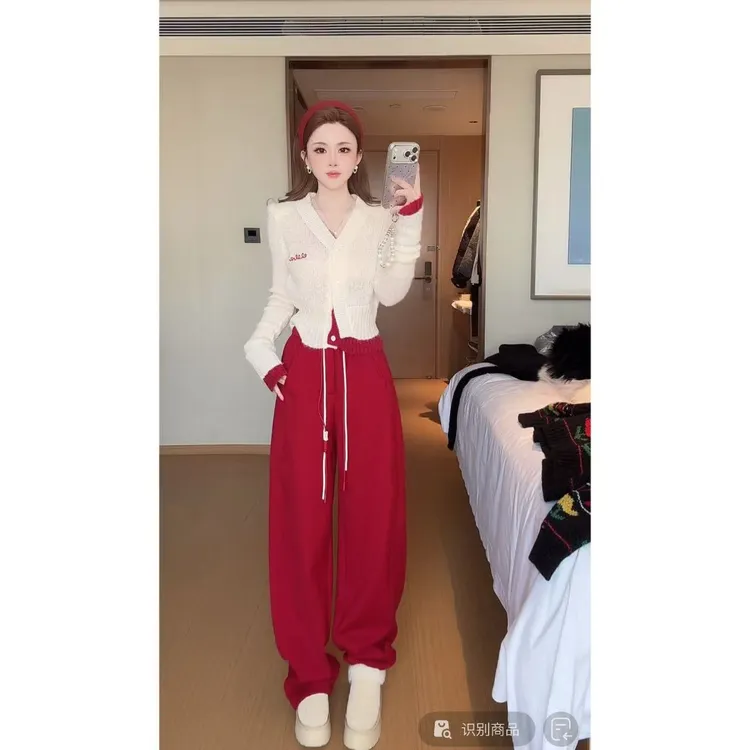 曼曼【松弛公约~】韩版抽绳松紧腰加绒休闲阔腿卫裤66890#