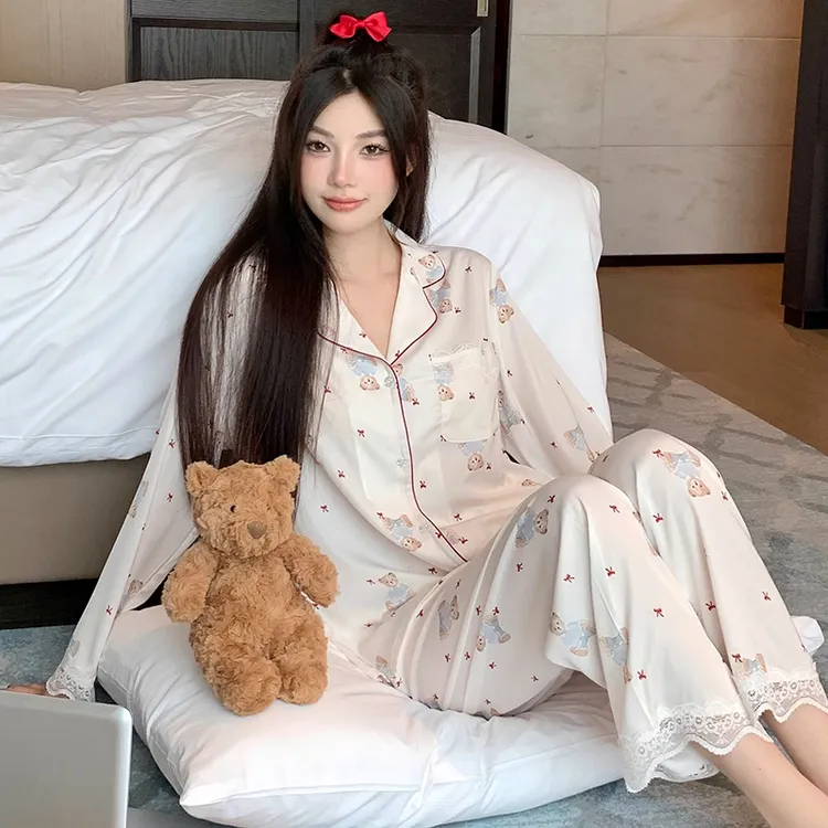 冰丝睡衣女春秋季新款可爱小熊印花高级感蕾丝花边长袖家居服套装