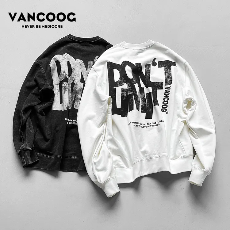 VANCOOG美潮重磅纯棉宽松vintage做旧字母印花大码圆领套头卫衣男