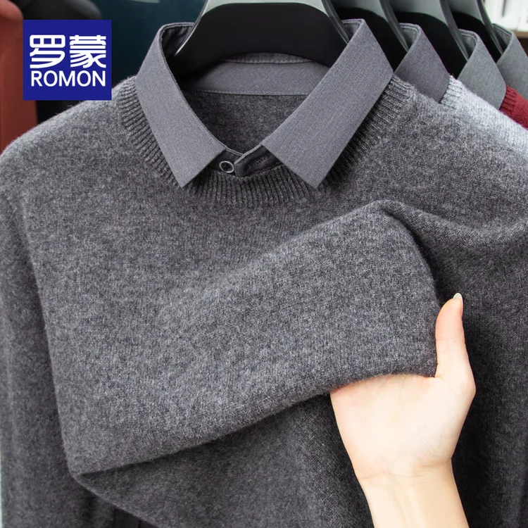 罗蒙100%羊毛衫男士秋冬款假两件针织毛衣男款保暖冬季打底衫男装
