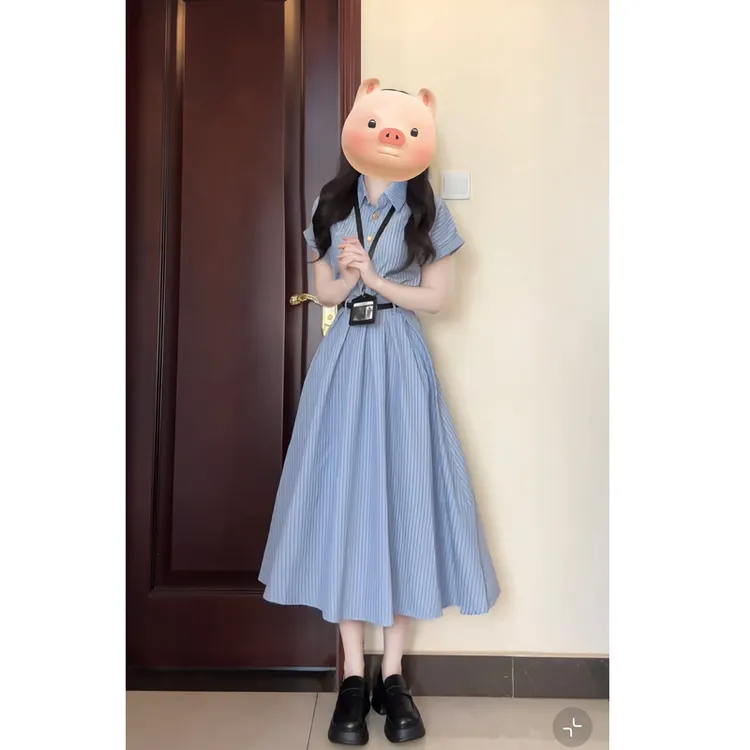 大码【月光爱人】夏季新款百搭显瘦文艺蓝色连衣裙面试通勤法式裙子