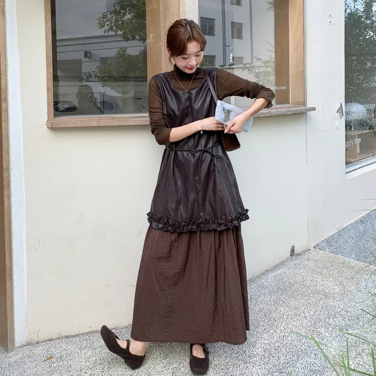咖色花边背心连衣裙套装2025新款女秋美拉德小香风拼接裙子两件套