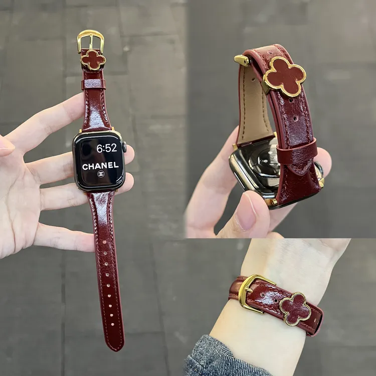 轻奢四叶草穿扣皮质苹果手表表带适用apple watch11iwatch10s9SE3