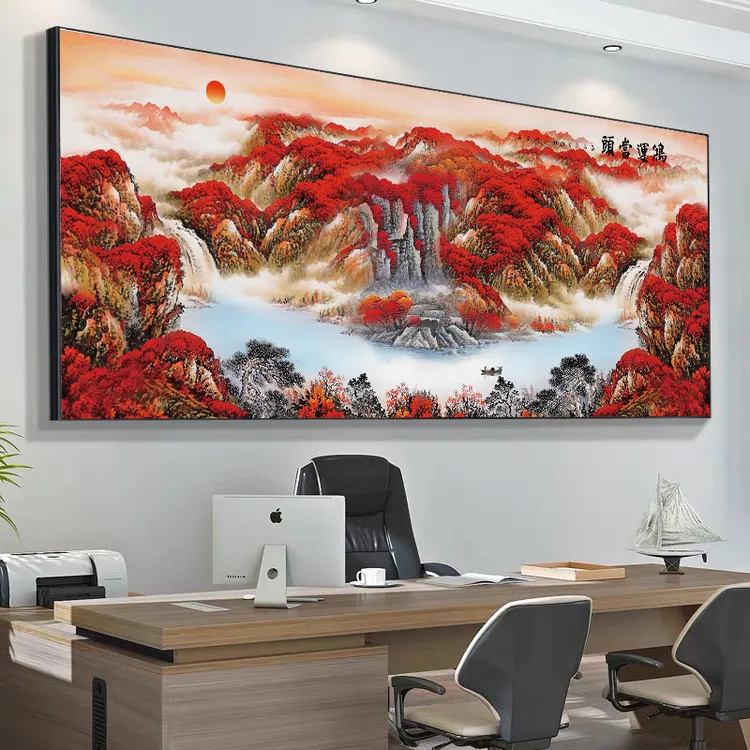 鸿运当头客厅沙发中式山水画高端平面钢化膜办公室茶室背景墙挂画