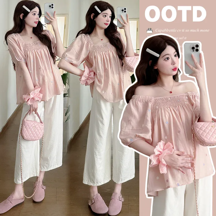 孕妇夏季套装新款直筒九分裤显瘦绣花娃娃衫上衣两件套韩版