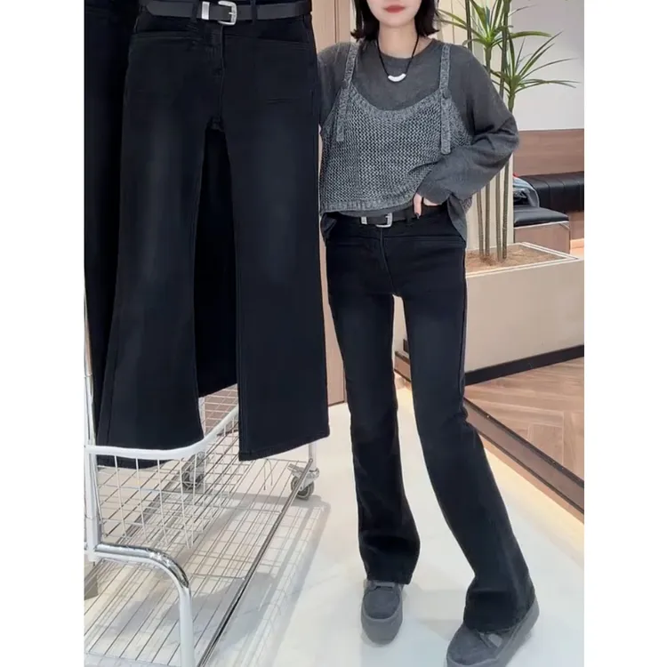 黑灰小个子微喇牛仔裤女秋冬加绒加厚高腰百搭显瘦修身喇叭长裤子