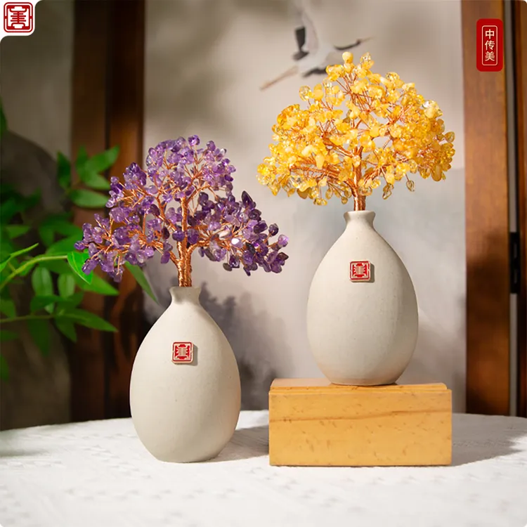 2026新年祝福礼物天然水晶桌面小摆件礼盒客厅办公室发财树摆设品