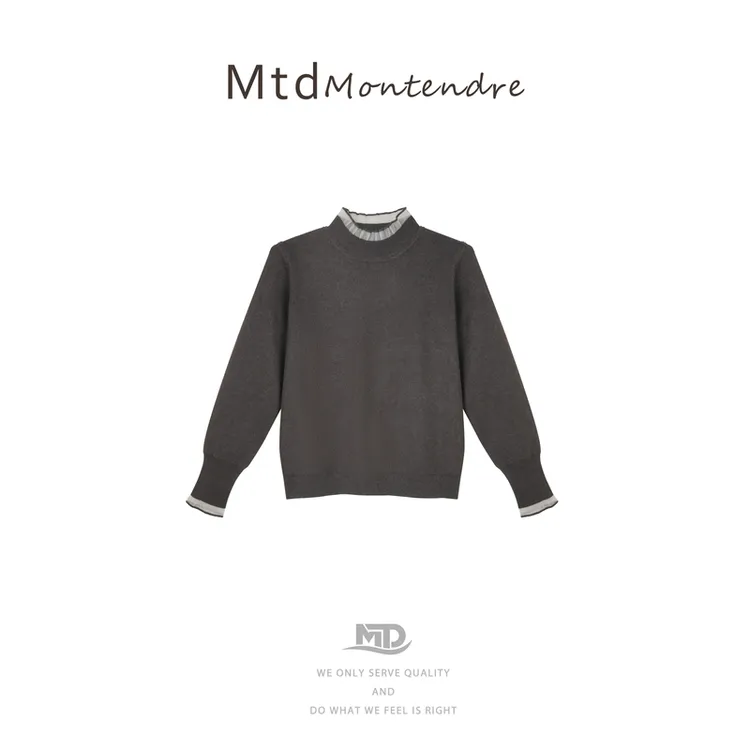 【Montendre】秋冬新款 R 气质半高领花边打底上衣拼接领毛针织衫