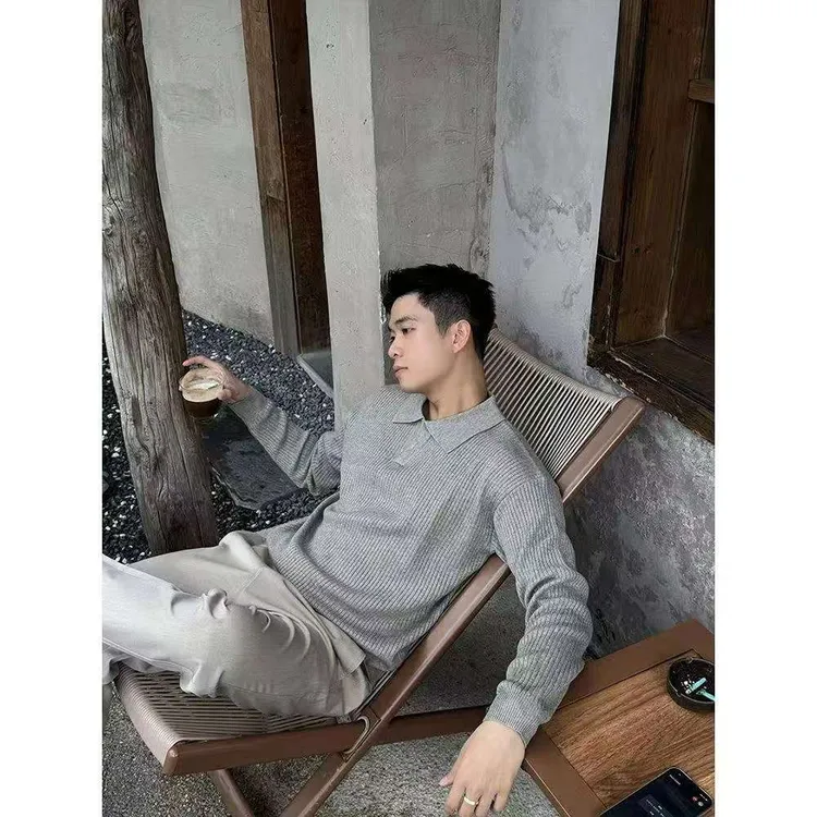 长袖Polo衫修身型秋季针织常规款套头纯色打底男装休闲时尚