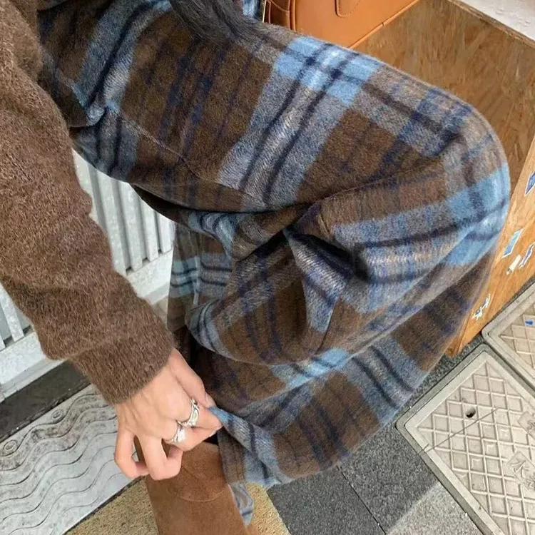 复古毛呢孕妇格子裤2025新款春秋冬季外穿休闲裤可调节显瘦阔腿裤