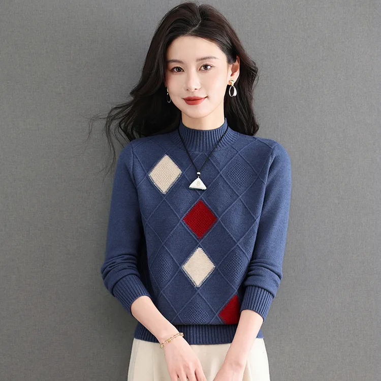 时尚品牌2025新款菱形格软糯毛针织衫套头半高领内搭羊毛衫