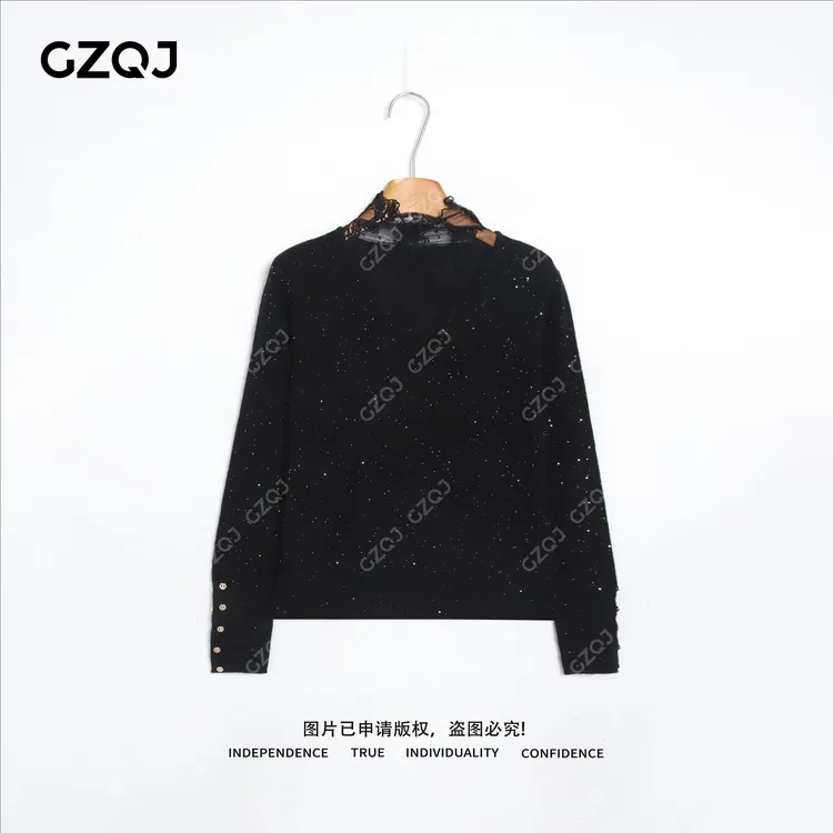 老琴私服【星夜蕾丝】骆马绒绵羊毛蕾丝拼接假两件针织衫毛衣86183