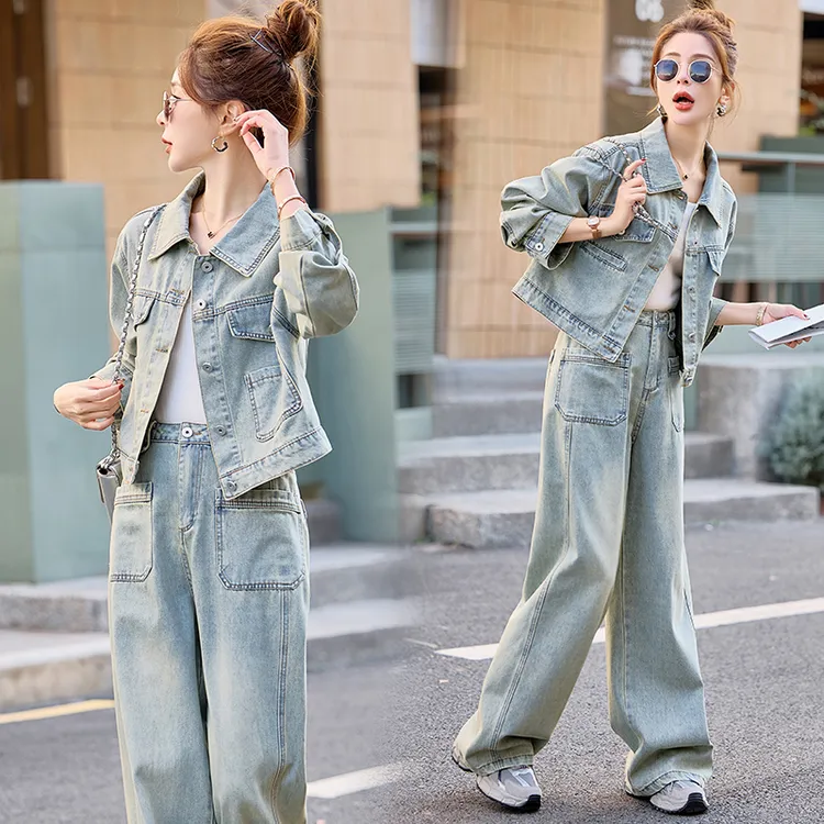时尚套装极简风休闲风2025新款小个子牛仔春秋宽松套装上衣减龄