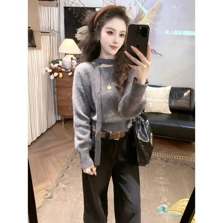 灰色挂脖飘带毛针织衫女装秋冬季新款高级感质感短款毛衣气质上衣