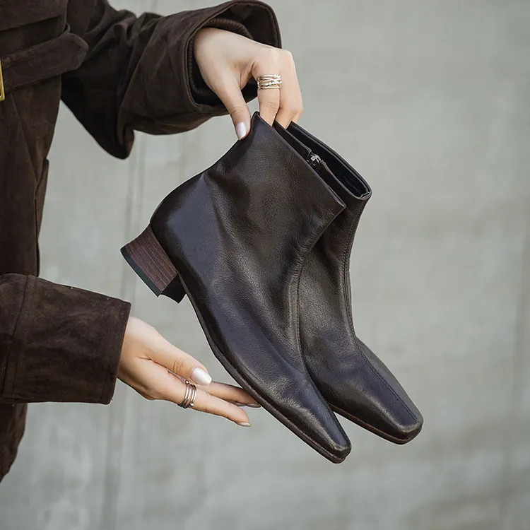 低跟3.5CM/水洗头层胎牛皮/方头瘦瘦靴粗跟低跟复古真皮加绒短靴