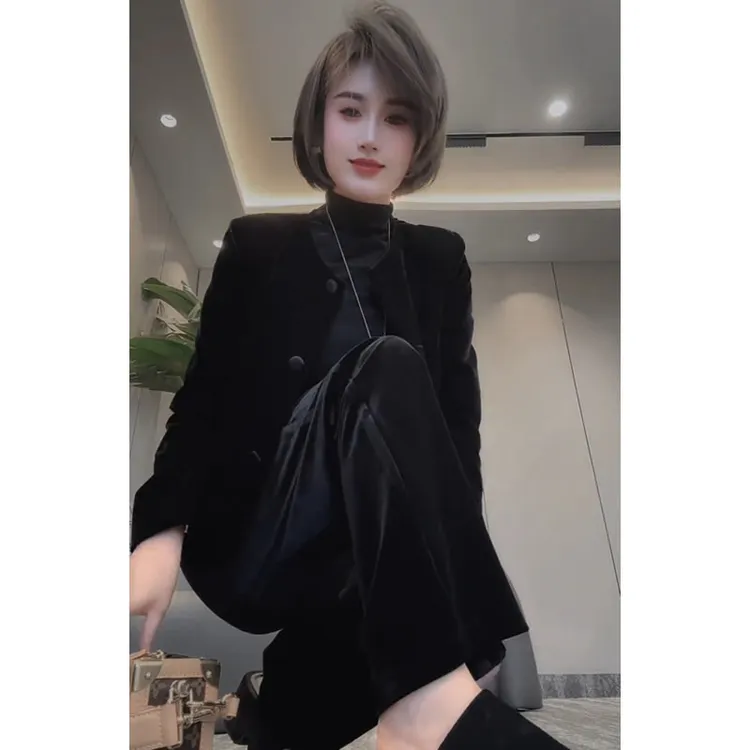 【有运费险】气质小香风丝绒西装女外套2025秋季新款时尚休闲西服