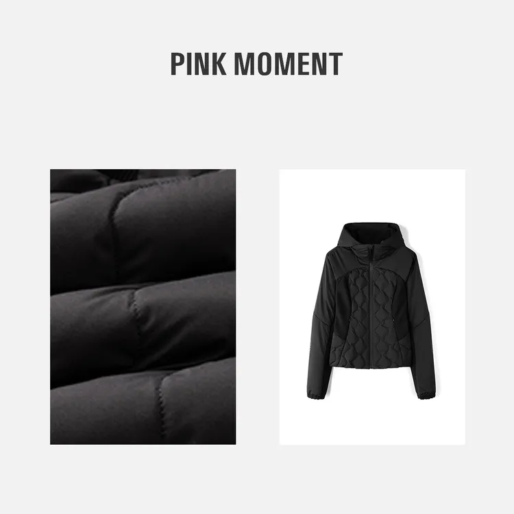 PM王囡囡 黑色鹅绒连帽菱格纹拉链羽绒服 ND1D1849